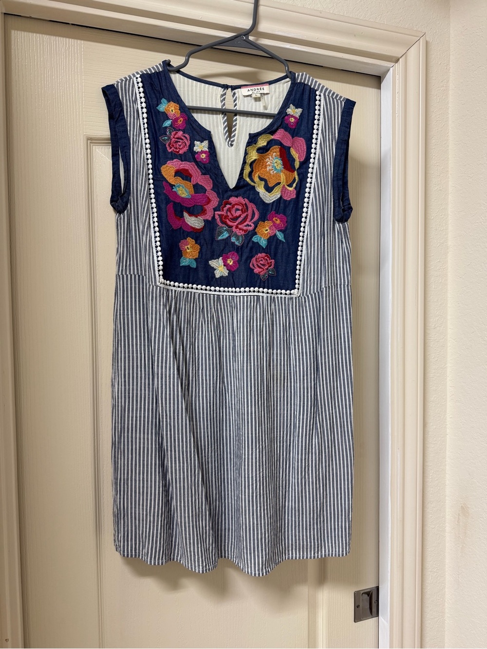 ANDREE BY UNIT Navy Striped Dress with Floral Embroidery